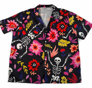 Halloween Skeleton Floral Hawaiian Shirt Black Pink Button Front XL